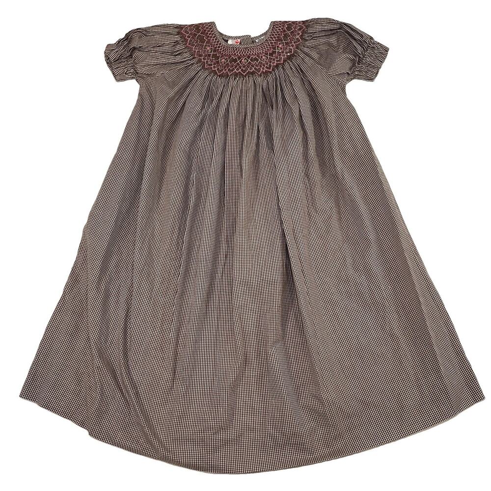 ROYAL CHILD Smocked Dress Girls Size 6X Brown Gingham Puff Sleeve Fall School